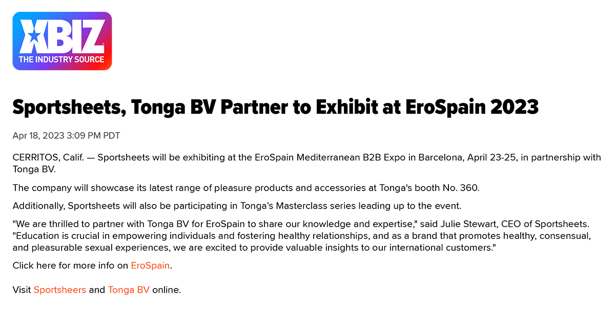 2023-04 Xbiz - Sportsheets, Tonga BV Partner to Exhibit at EroSpain 2023